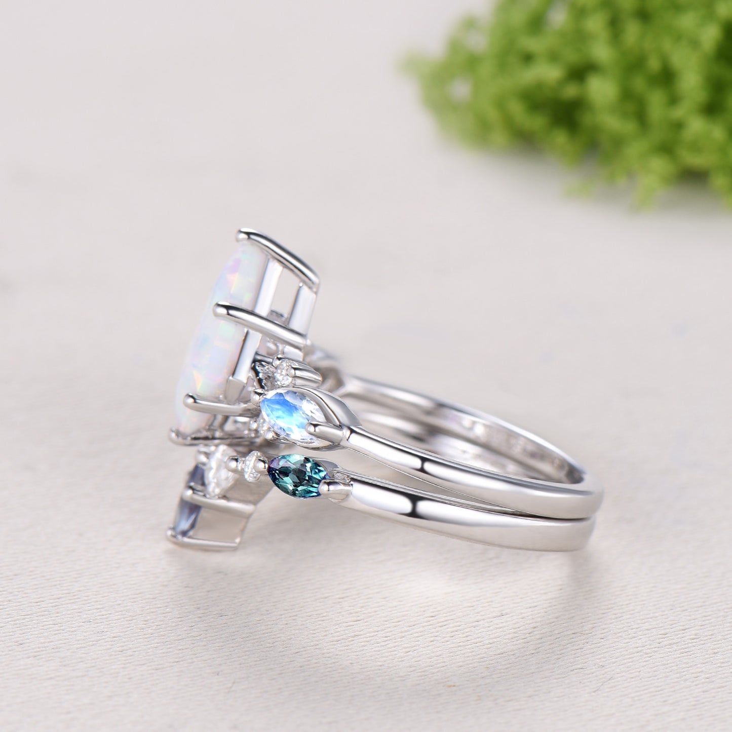 Vintage opal ring set 7x10mm kite white opal engagement ring marquise Moonstone wedding ring set unique alexandrite moissanite bridal set