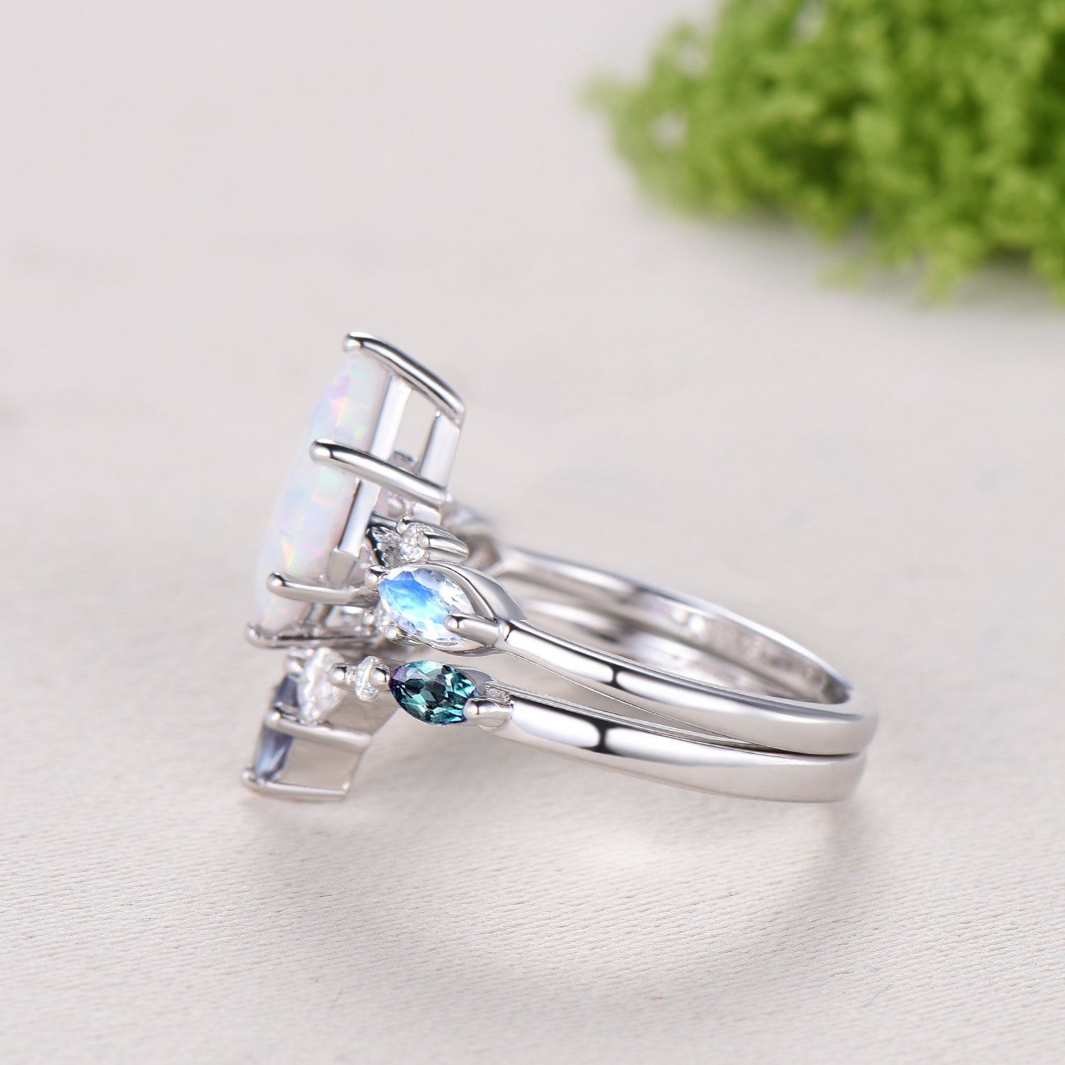 Vintage opal ring set 7x10mm kite white opal engagement ring marquise Moonstone wedding ring set unique alexandrite moissanite bridal set