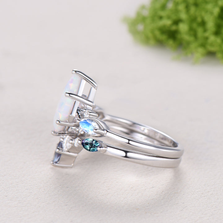 Vintage opal ring set 7x10mm kite white opal engagement ring marquise Moonstone wedding ring set unique alexandrite moissanite bridal set