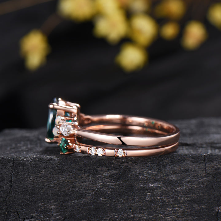 1.5ct Oval Cut Emerald Engagement Ring Set 14K Rose Gold Green Wedding Ring Opal Moissanite Bridal Set Unique Anniversary Gift for Women