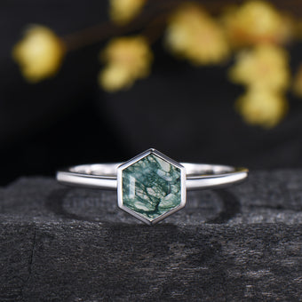 Hexagon Moss Agate Ring, 14k White Gold Solitaire, Vintage Style