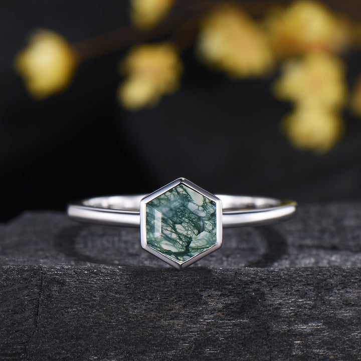 Hexagon Moss Agate Ring, 14k White Gold Solitaire, Vintage Style
