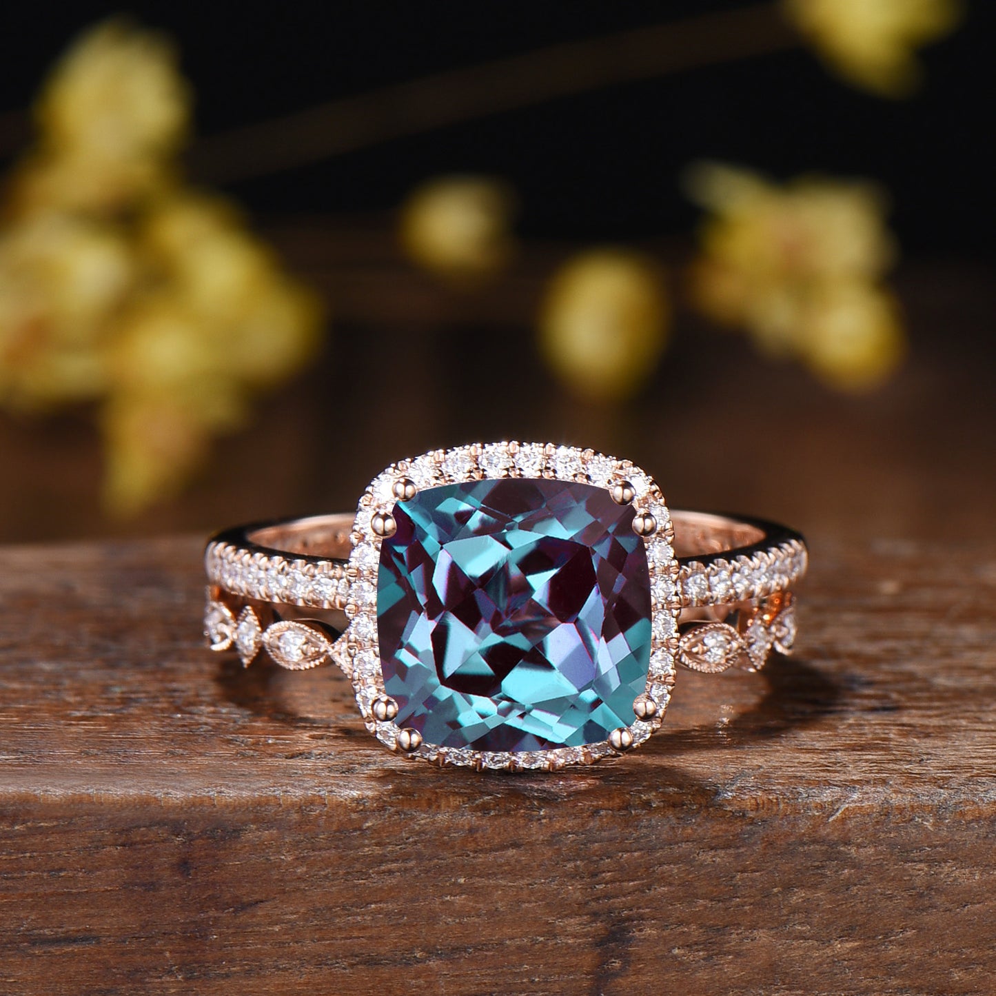 3ct Cushion Alexandrite Engagement Ring Set, 14k Rose Gold Halo Diamond Bridal Ring, Art Deco Full Eternity Milgrain Band