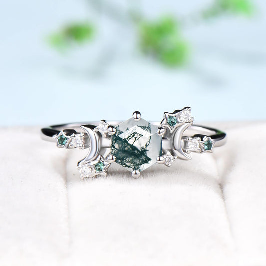 Galaxy Star moss agate engagement ring crescent moon hexagon cut green agate wedding ring Unique cluster star emerald anniversary ring women - PENFINE