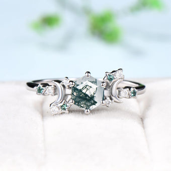 Galaxy Star moss agate engagement ring crescent moon hexagon cut green agate wedding ring Unique cluster star emerald anniversary ring women - PENFINE