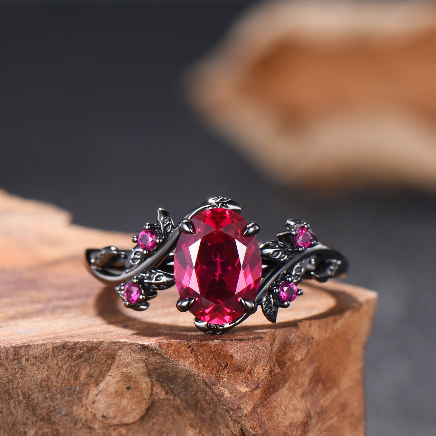 Nature Inspired Leaf ruby ring set black gold branch twig lab ruby engagement ring women unique July birthstone wedding ring set for women