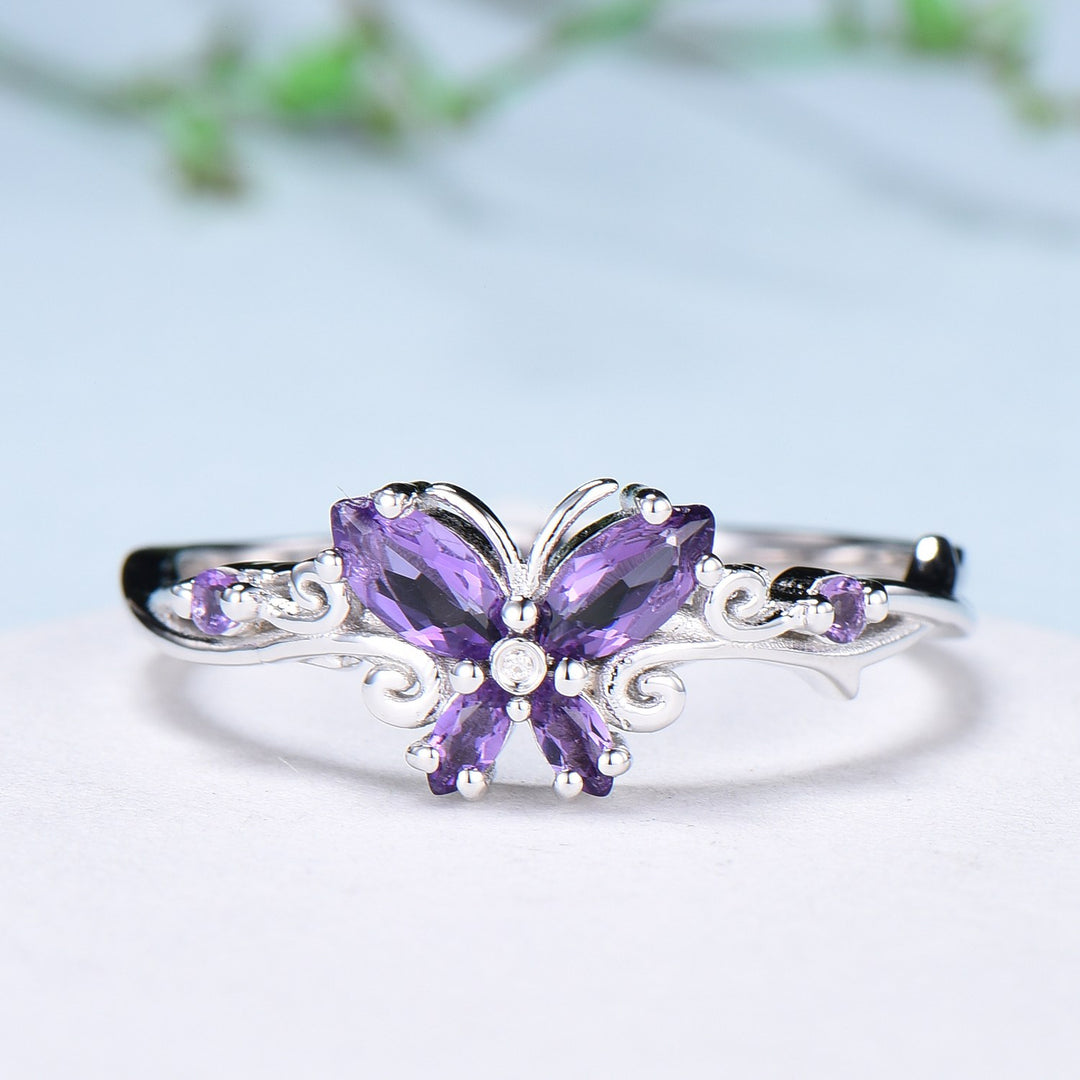 Unique Butterfly wedding ring vintage marquise amethyst engagement ring purple crystal silver white gold custom anniversary gift  for women - PENFINE