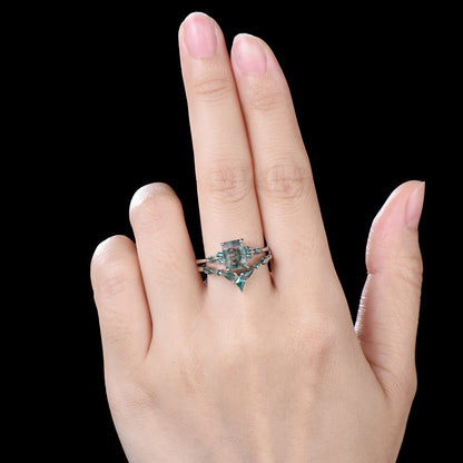 Unique Emerald Cut Natural Moss Agate Engagement Ring Set Seven Stone Green Gemstone Wedding Ring Set 14K Rose Gold Emerald Bridal Set Women - PENFINE