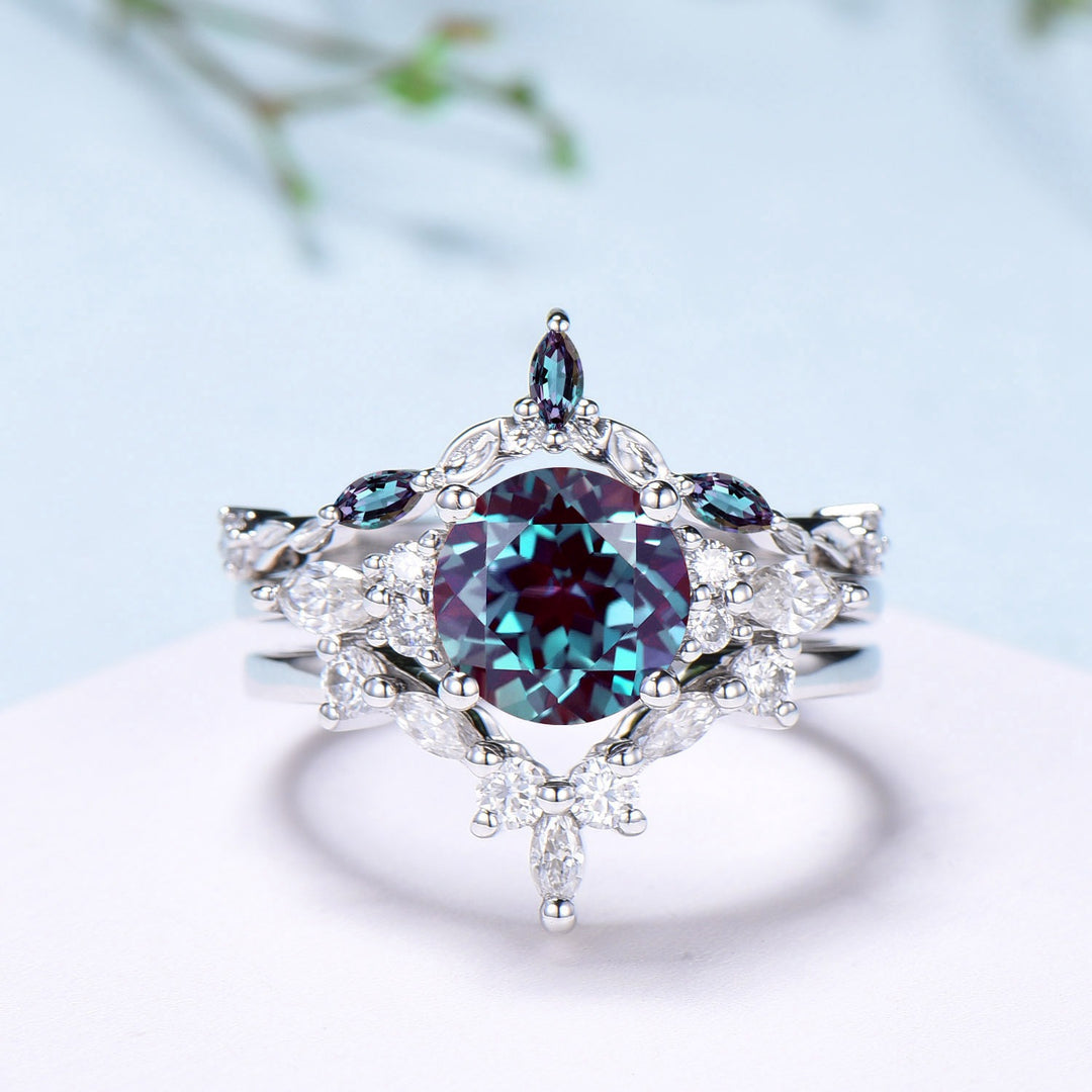 Vintage Alexandrite Engagement Ring Set, Art Deco Leaf Band - PENFINE