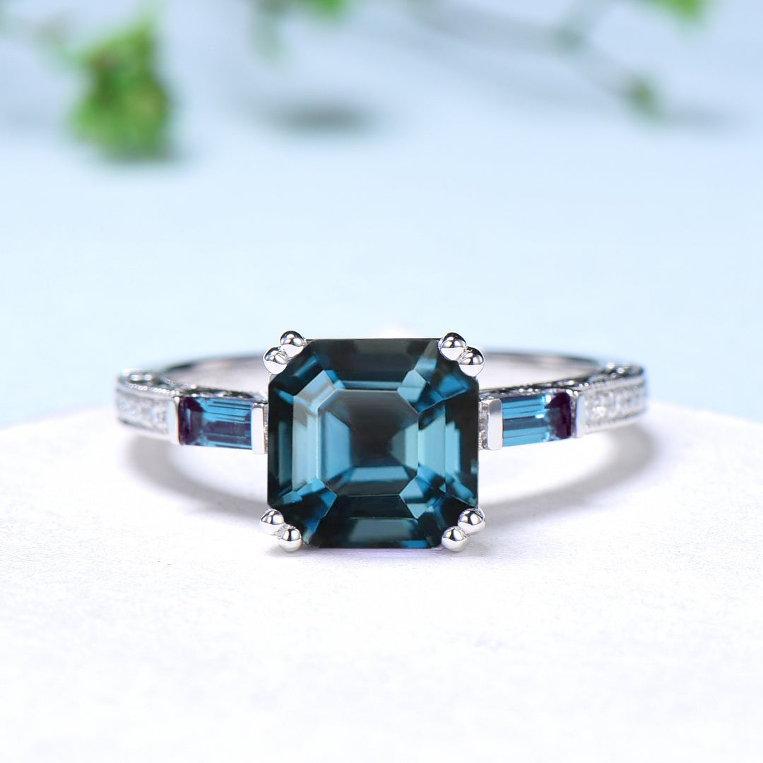 Unique asscher cut alexandrite engagement ring, hidden halo basket setting, 3 stone baguette color change June birthstone anniversary ring - PENFINE