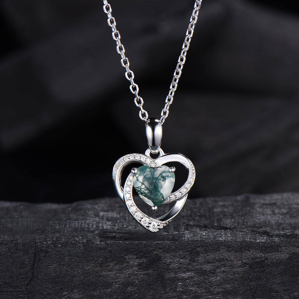 Vintage Hear Shaped Moss Agate Necklace Unique Retro Pendant Agate Necklace Floral Norse Viking Pendant Natural Pendant Anniversary gift - PENFINE