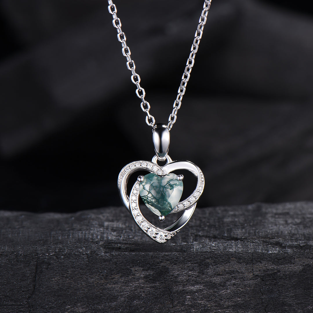 Vintage Hear Shaped Moss Agate Necklace Unique Retro Pendant Agate Necklace Floral Norse Viking Pendant Natural Pendant Anniversary gift - PENFINE