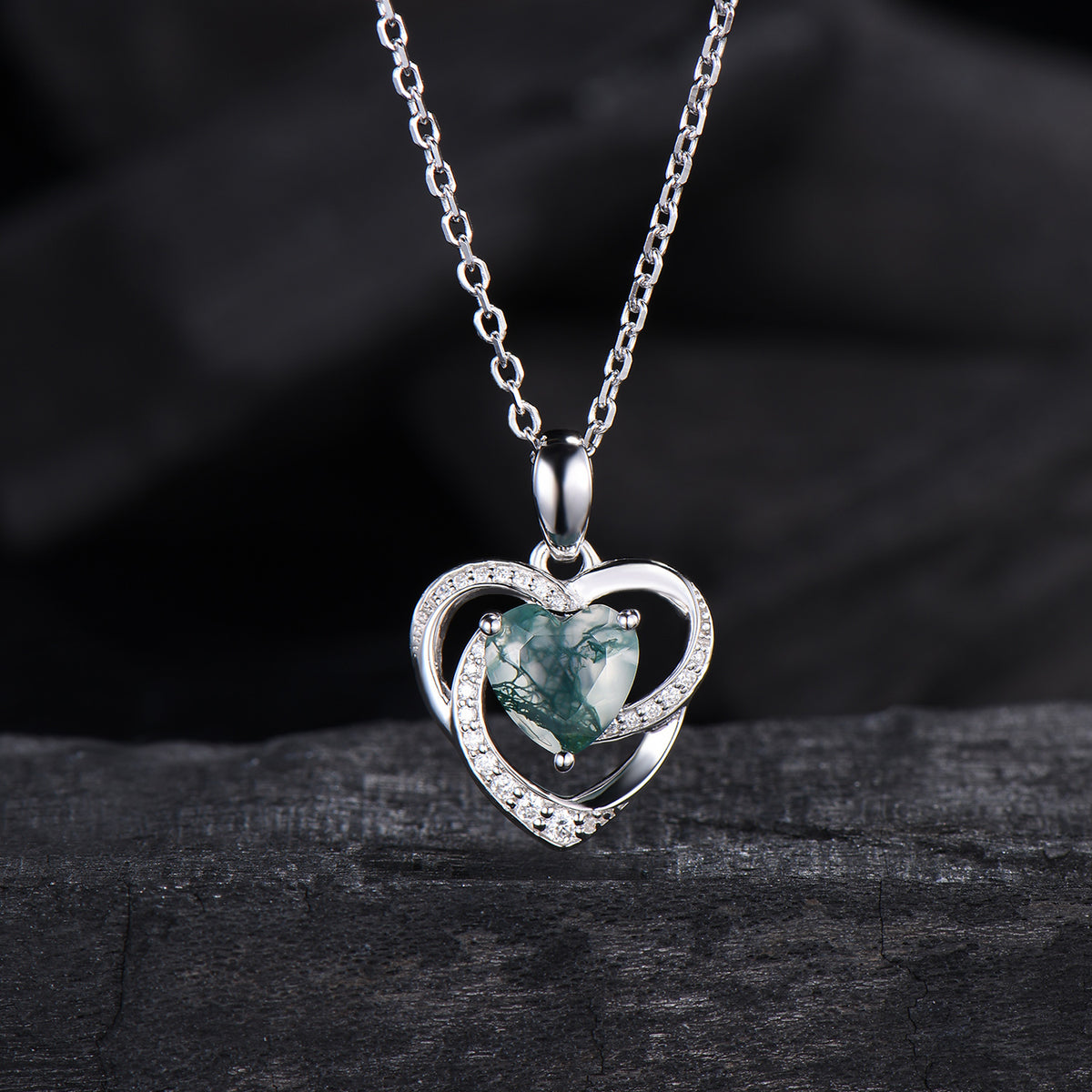Vintage Hear Shaped Moss Agate Necklace Unique Retro Pendant Agate Necklace Floral Norse Viking Pendant Natural Pendant Anniversary gift - PENFINE