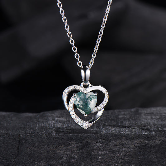 Vintage Hear Shaped Moss Agate Necklace Unique Retro Pendant Agate Necklace Floral Norse Viking Pendant Natural Pendant Anniversary gift - PENFINE