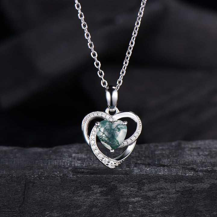 Vintage Hear Shaped Moss Agate Necklace Unique Retro Pendant Agate Necklace Floral Norse Viking Pendant Natural Pendant Anniversary gift - PENFINE