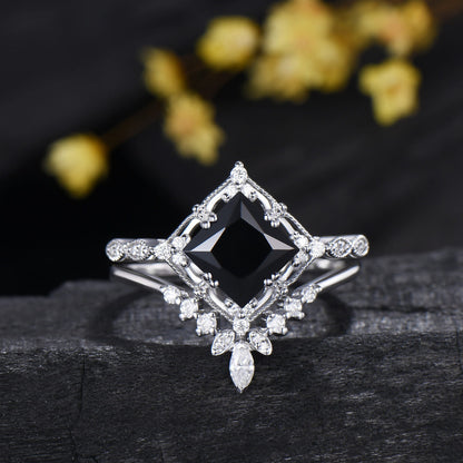 2CT Art deco princess cut black onyx engagement ring set