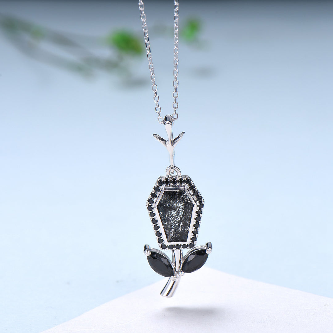 Vintage Coffin black rutilated quartz pendant necklace solid 14k 18k rose gold halo black spinel Personalized anniversary Halloween Jewelry - PENFINE