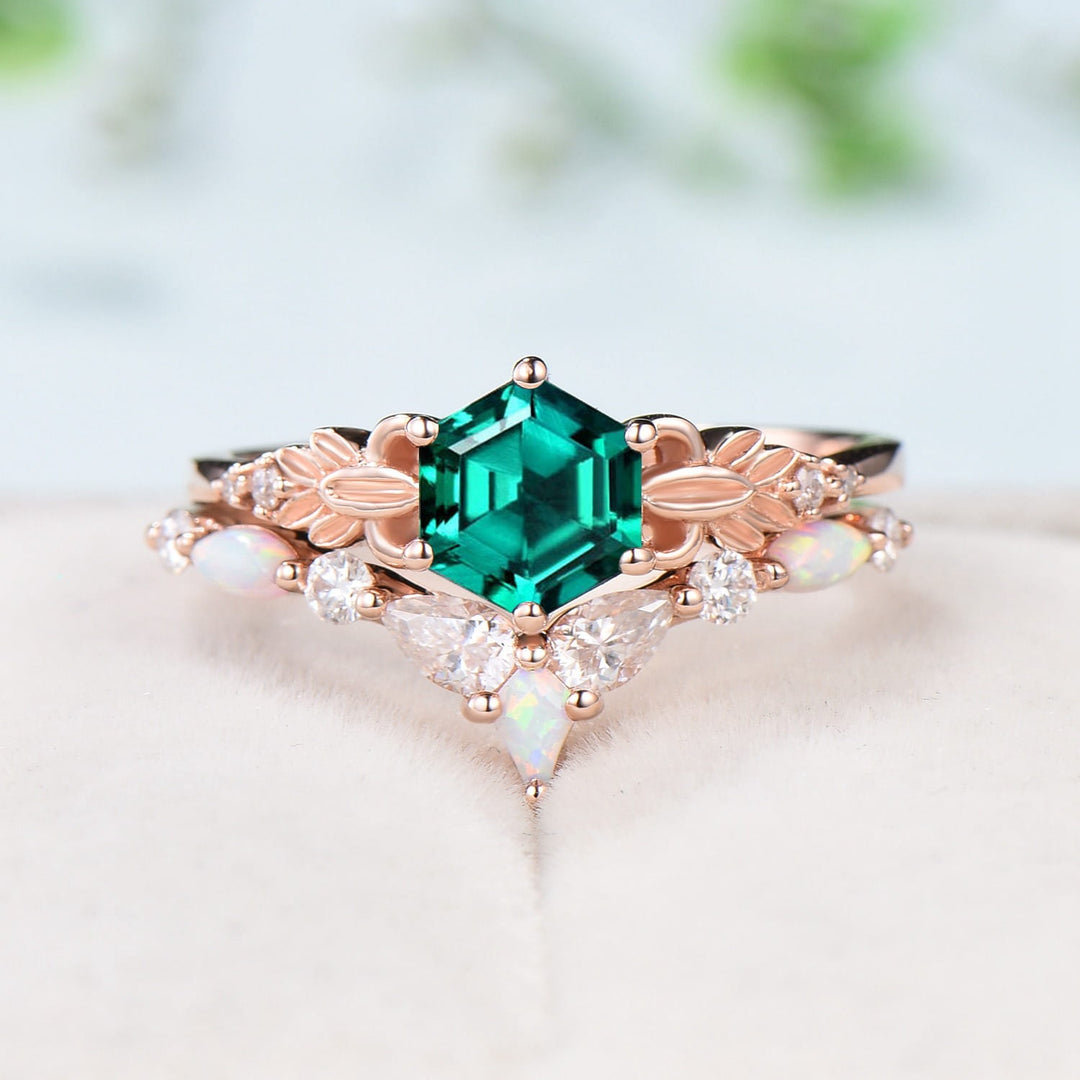 Retro Emerald Engagement Ring Set Vintage Green Crystal Leaf Floral Fire Opal Wedding Ring Art Deco Leaves Flower Bridal Set For Women - PENFINE