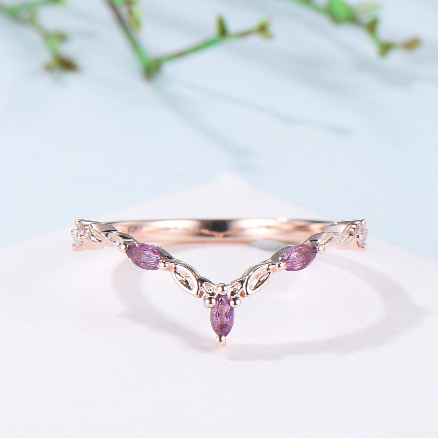 Vintage Curved V amethyst wedding band yellow gold leaf vine matching band purple crystal art deco stacking promise ring anniversary gift - PENFINE