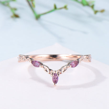 Vintage Curved V amethyst wedding band yellow gold leaf vine matching band purple crystal art deco stacking promise ring anniversary gift - PENFINE