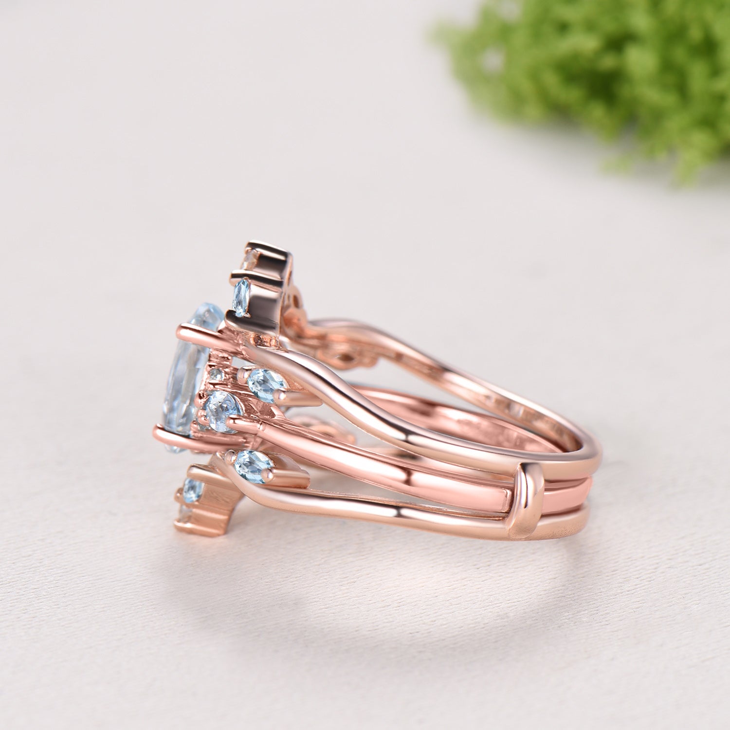 1.5CT Oval Natural Aquamarine Engagement Ring Set Cluster Marquise Gem Wedding Set March Birthstone Enhancer Band