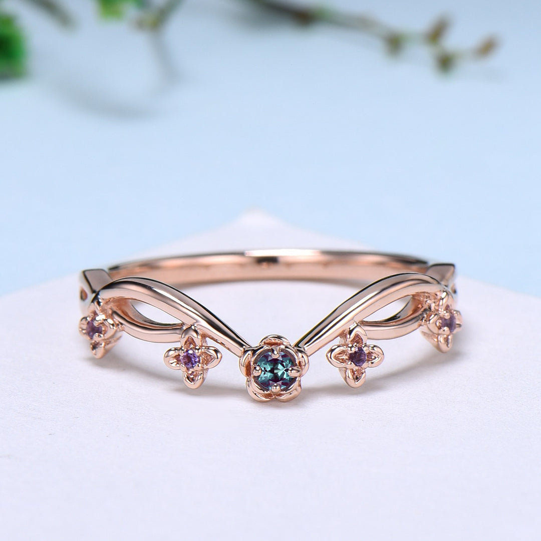 3mm round flower alexandrite wedding ring vintage color change stone engagement ring nature inspired amethyst June birthstone band for women - PENFINE