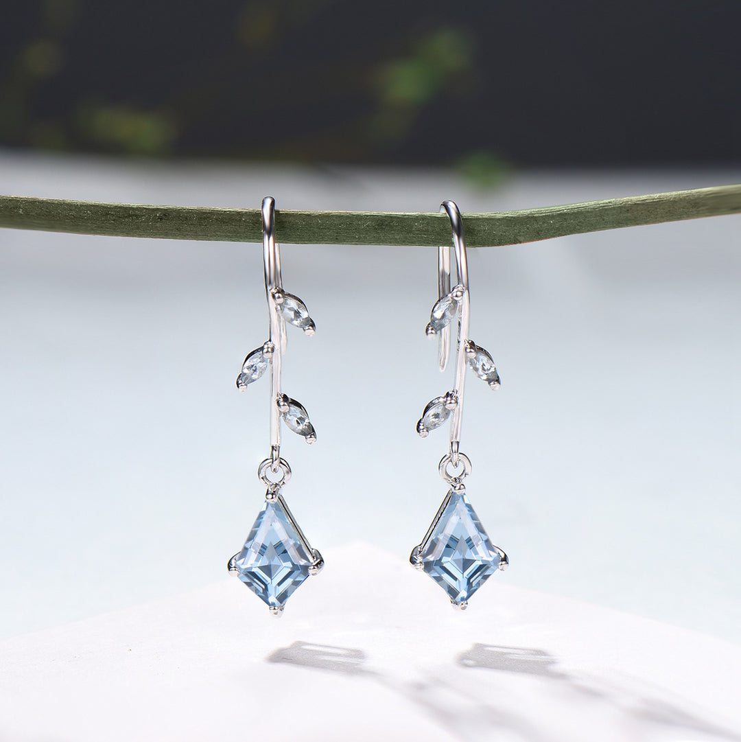 Kite Cut Aquamarine 14k White Gold Earrings, Brnach Vine, March Birthstone - PENFINE