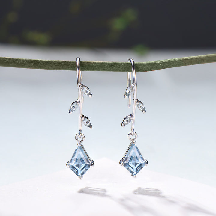Kite Cut Aquamarine 14k White Gold Earrings, Brnach Vine, March Birthstone - PENFINE