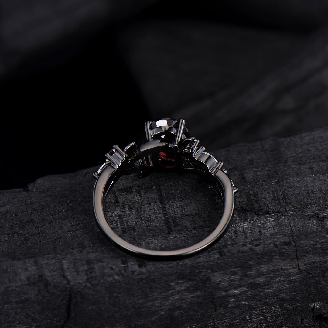 Unique Black Gold Garnet Wedding Ring Natural Inspired Gothic Oval Garnet Engagement Ring Leaves Cluster Moissanite Split Shank Wedding Ring