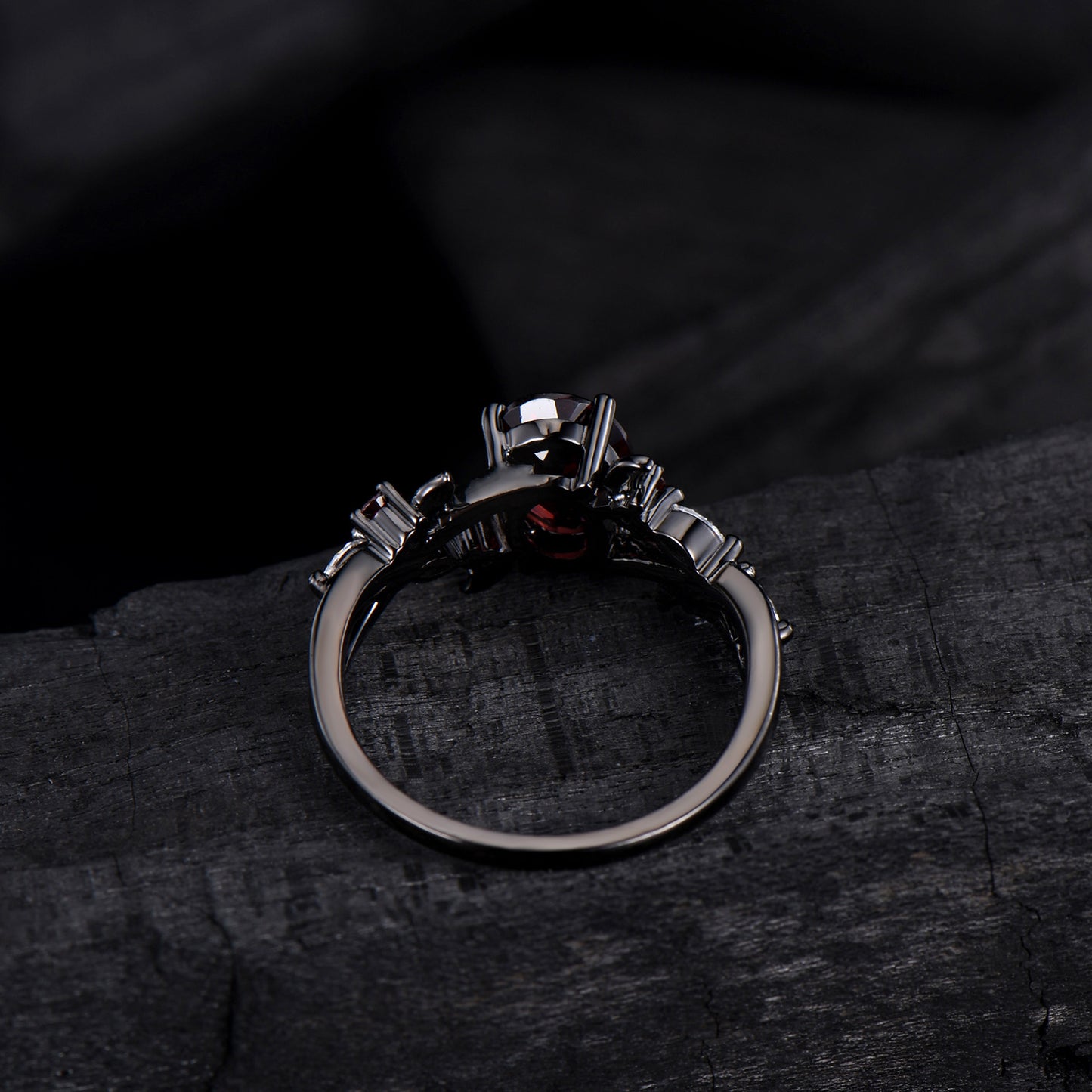 Unique Black Gold Garnet Wedding Ring Natural Inspired Gothic Oval Garnet Engagement Ring Leaves Cluster Moissanite Split Shank Wedding Ring
