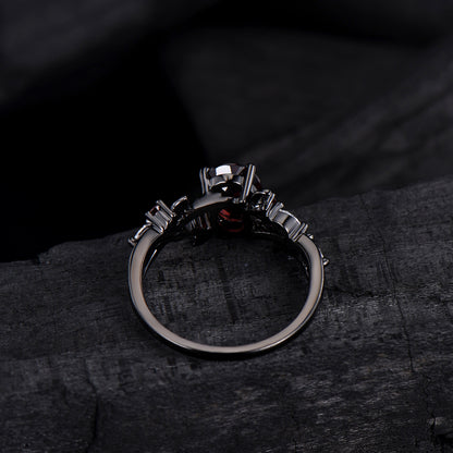 Unique Black Gold Garnet Wedding Ring Natural Inspired Gothic Oval Garnet Engagement Ring Leaves Cluster Moissanite Split Shank Wedding Ring