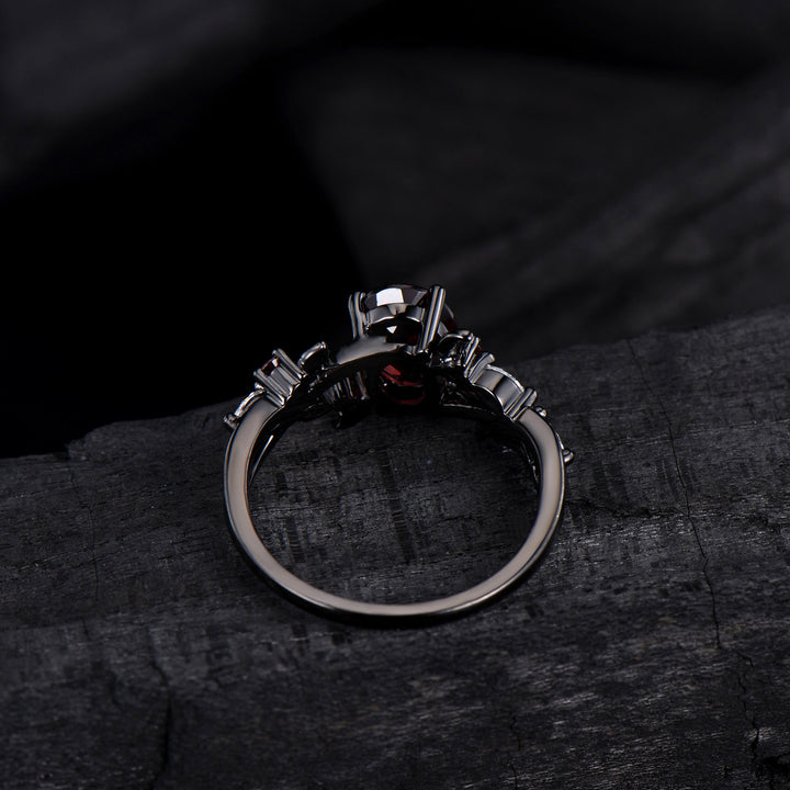 Unique Black Gold Garnet Wedding Ring Natural Inspired Gothic Oval Garnet Engagement Ring Leaves Cluster Moissanite Split Shank Wedding Ring