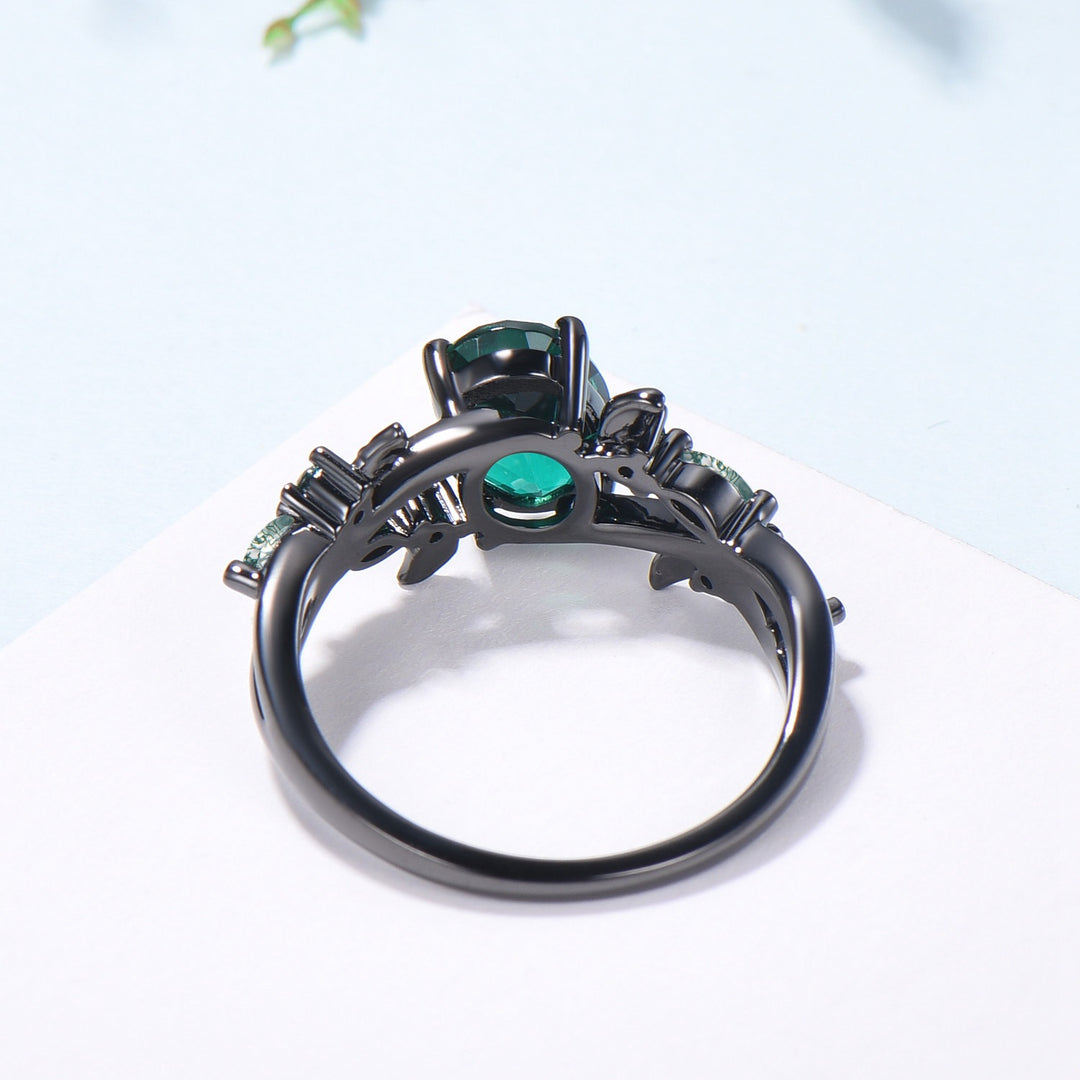 Black Gold Emerald Engagement Ring, Gothic Leaf Ring - PENFINE