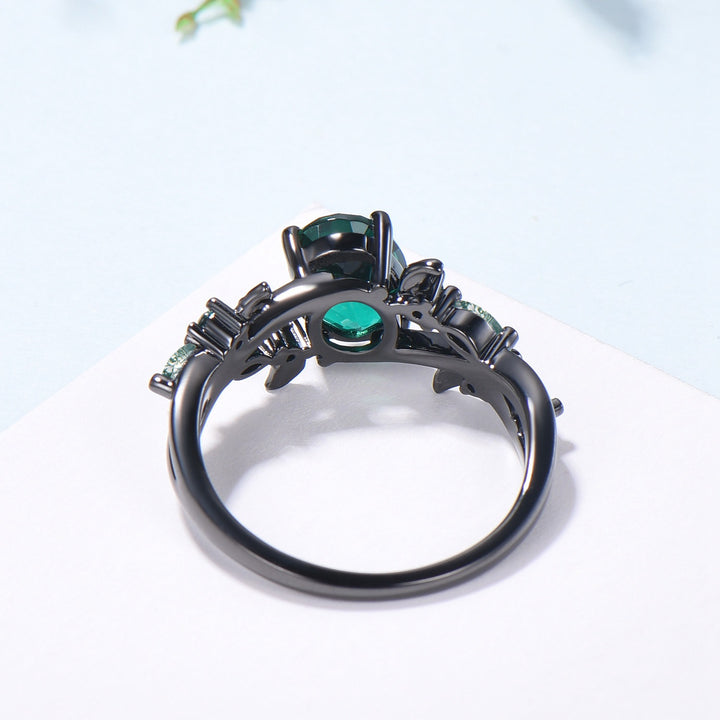 Black Gold Emerald Engagement Ring, Gothic Leaf Ring - PENFINE