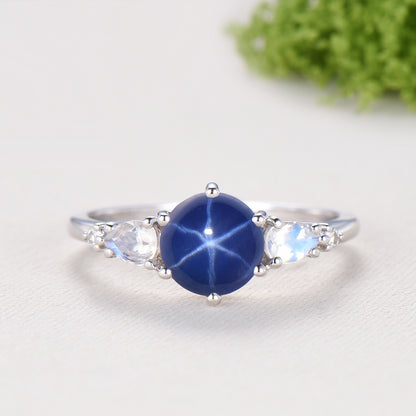 Vintage Star Sapphire Engagement Ring Set, Pear Moonstone & Opal