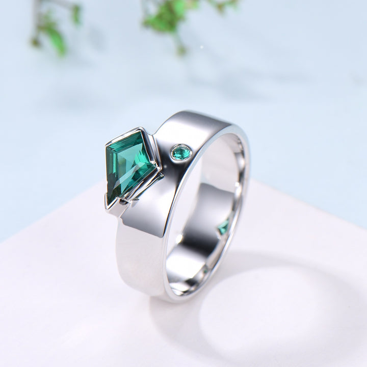 One Of a Kind Emerald Wedding Band For Men Unique Kite Cut Emerald Men's Wedding Ring 6mm Stacking Anniversary Matching Band Christmas Gift - PENFINE