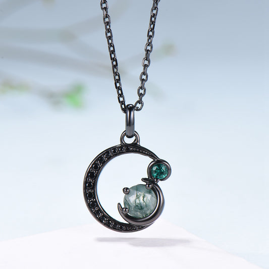 Unique Black Gold Green Moss Agate Necklace Magic Crescent Moon Dainty Agate Pendant Necklace Halloween Gothic Anniversary Gift for Daughter - PENFINE