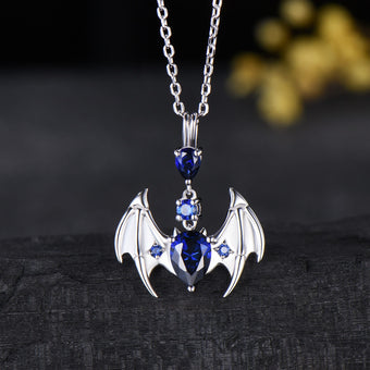 Gothic Bat Sapphire Necklace, Pear Cut Blue Sapphire Pendant, Vampire Bat Wings Jewelry, Dark Academia Charm, Halloween Gift for Her