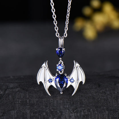 Gothic Bat Sapphire Necklace, Pear Cut Blue Sapphire Pendant, Vampire Bat Wings Jewelry, Dark Academia Charm, Halloween Gift for Her