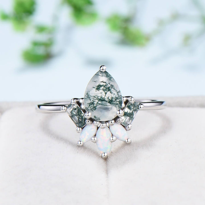 Vintage Teardrop Moss Agate Engagement Ring Unique Silver Rose Gold Cluster Baguette Green Agate Marquise Opal Crystal Wedding Ring Women - PENFINE