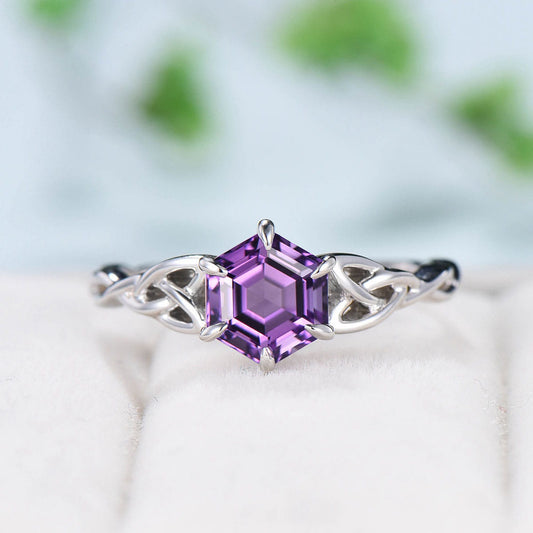 Celtic Love Knot Amethyst Engagement Ring Art Deco Unique Twisted Wedding Ring For Women Delicate Purple Stone  White Gold Promise Ring Gift - PENFINE