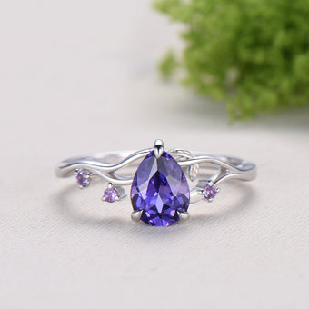 Vintage Pear Shaped Purple Sapphire Engagement Ring, Nature Inspired Leaf Twig Gold Ring, Accent Amethyst Split Shank Anniversary Ring - PENFINE