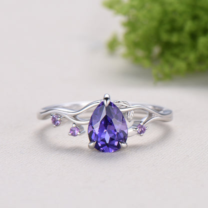 Vintage Pear Shaped Purple Sapphire Engagement Ring, Nature Inspired Leaf Twig Gold Ring, Accent Amethyst Split Shank Anniversary Ring - PENFINE