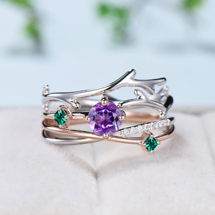 Two-tone gold Twig amethyst engagement ring set dainty Leaf green emerald branch wedding set women Unique natural inspired anniversary gift - PENFINE