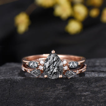 Vintage 1.25CT Pear Shaped Natural Black Rutilated Quartz Bridal Ring Set