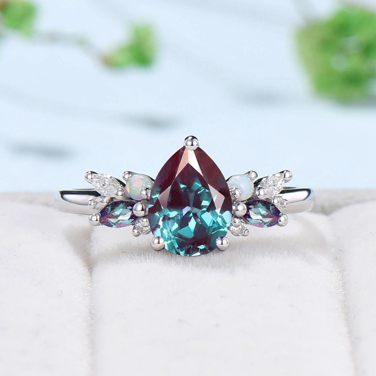 Vintage Alexandrite Opal Engagement Ring Pear Shaped Wedding Ring Women Art Deco Cluster Moissanite Anniversary Gift Bridal Promise Ring - PENFINE