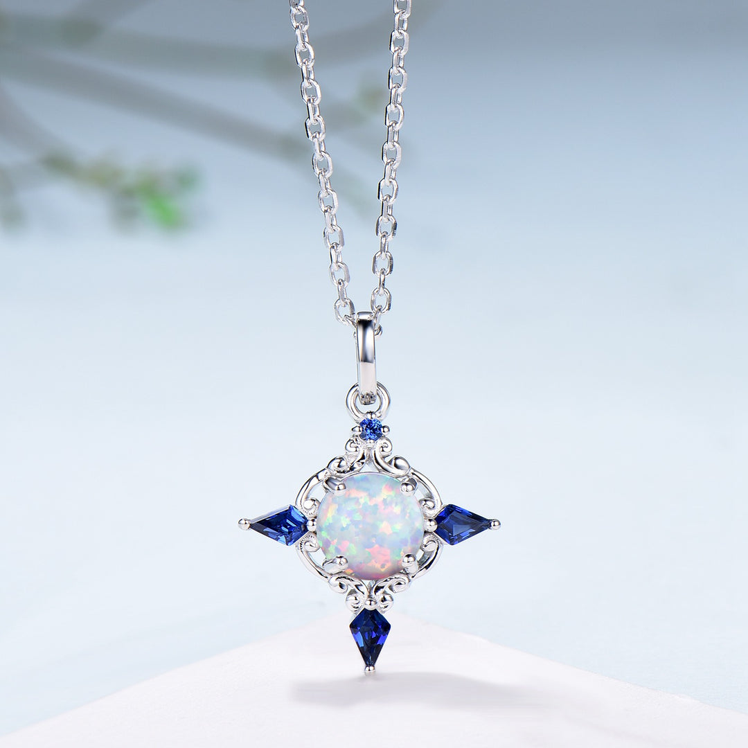 Celtic Knot Opal Pendant Necklace, 14K Rose Gold, Sapphire Accents - PENFINE