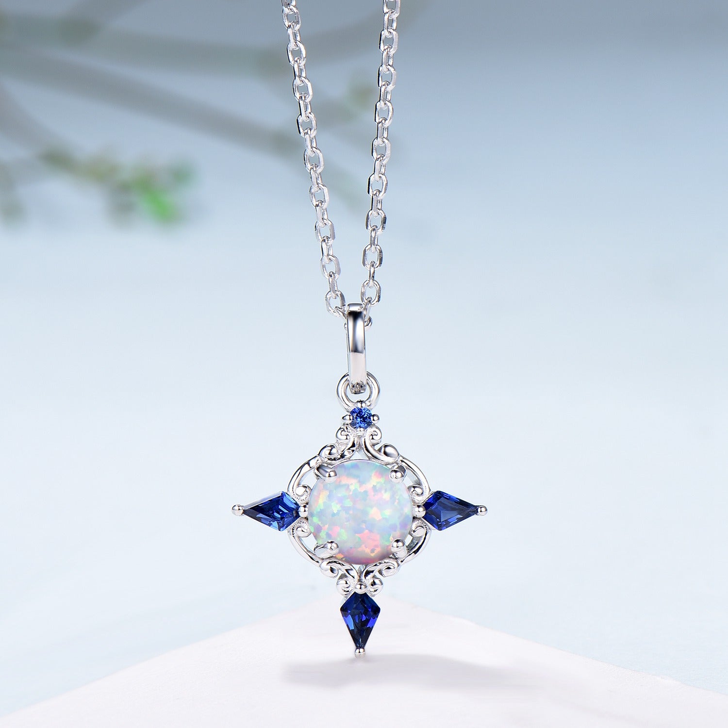 Celtic Knot Opal Pendant Necklace, 14K Rose Gold, Sapphire Accents - PENFINE
