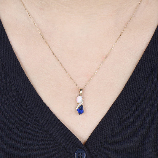 Unique Opal Sapphire Necklace Pendant Women Alternative Moissanite Pear Shaped Opal & Kite Blue Sapphire