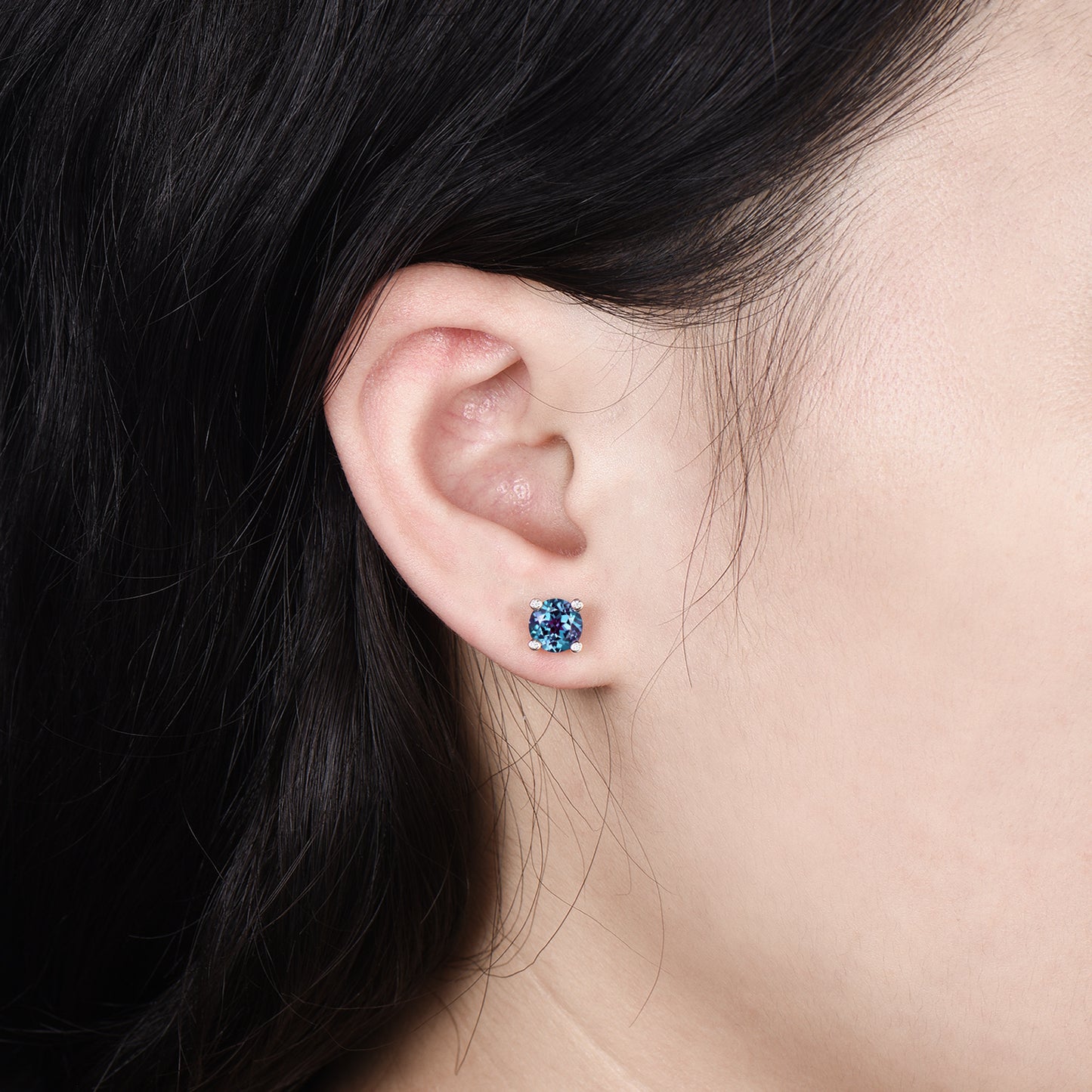 Minimalist Alexandrite Stud Earrings | Round Cut Color Change Stone, June Birthstone - PENFINE